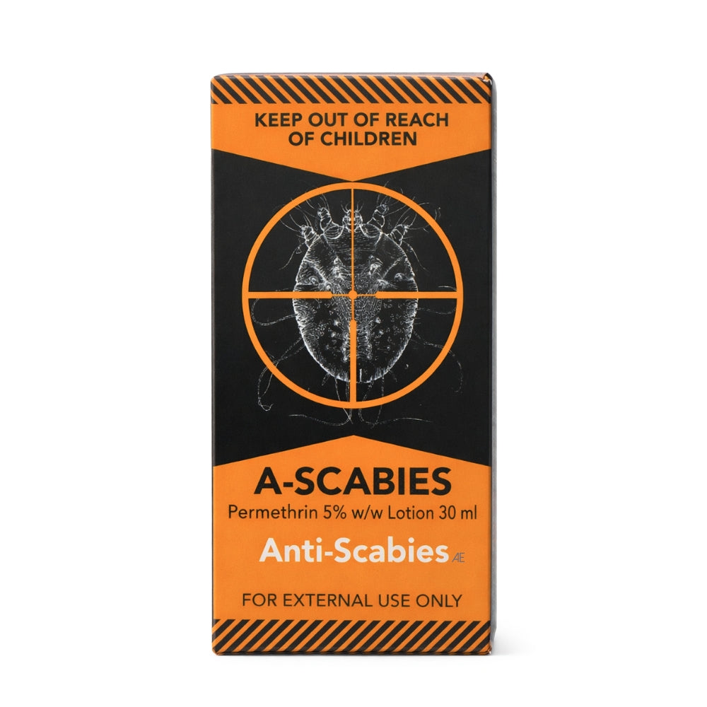 A-Scabies 5 percent permethrin lotion 30ml in a orange and black box