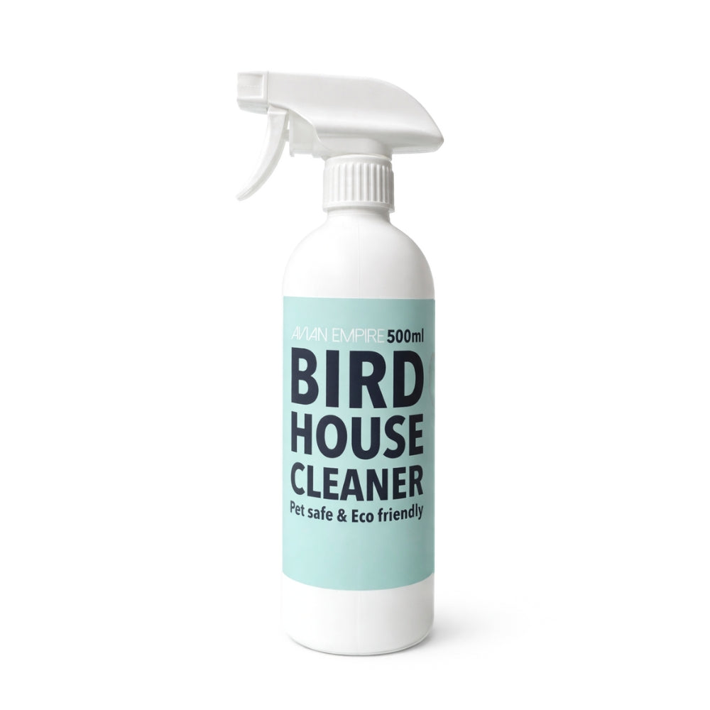 Bird house cleaner bottle with a white label on a white background. Bird Cage & Aviary Cleaner spray bottle for parrots, poultry, pigeons, ducks, and aviary birds