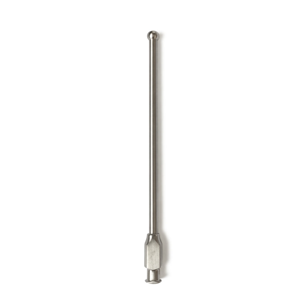 Metal tool with a cylindrical head and threaded shaft on a white background