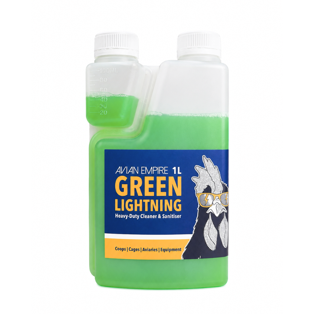 A 1-liter plastic bottle of Avian Empire Green Lightning Heavy Duty Cleaner & Sanitiser, filled with bright green liquid, featuring a blue and yellow label with a rooster illustration.