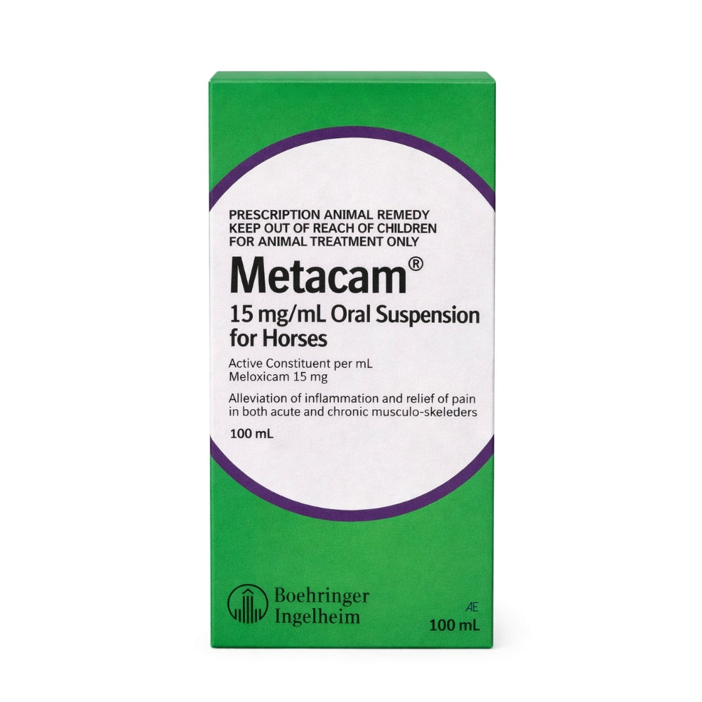 Box of Metacam 15 mg/mL Oral Suspension for Horses by Boehringer Ingelheim on a white background