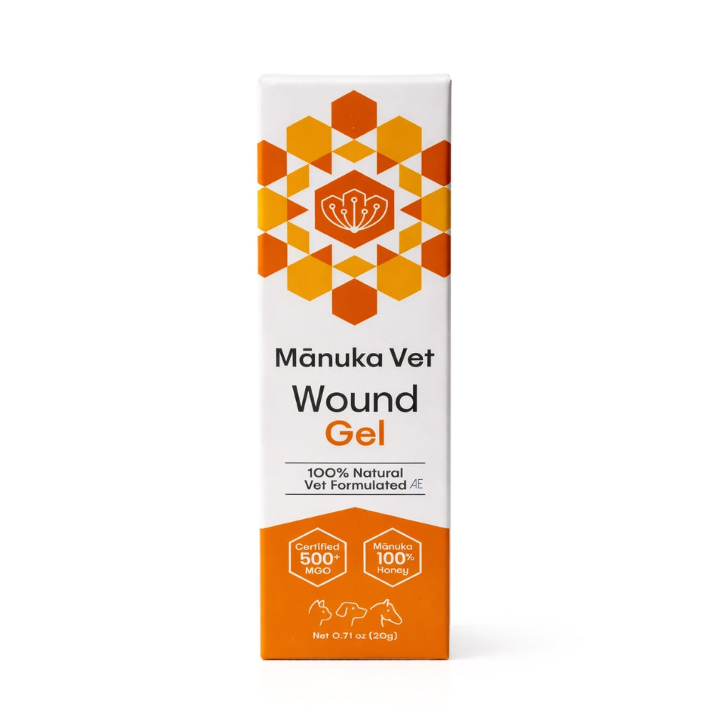 Manuka Vet Wound Gel packaging with geometric design on a white background