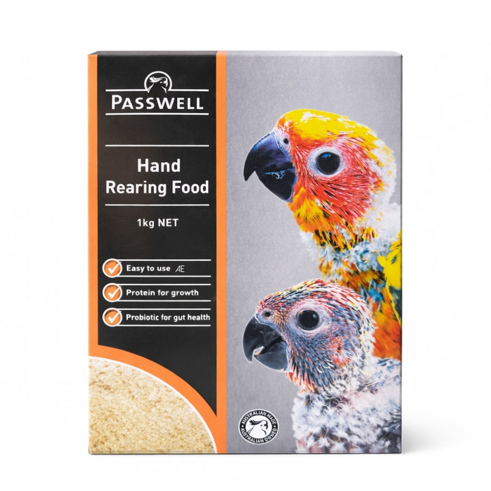 Passwell Hand Rearing Food package for birds with parrot images on a white background