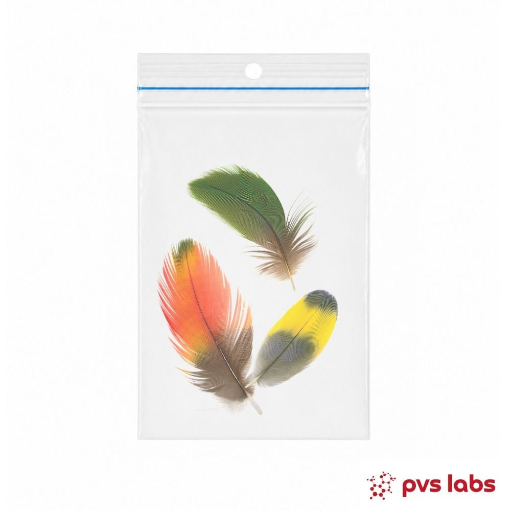 Colorful feathers in a clear plastic bag with PVS Labs logo.