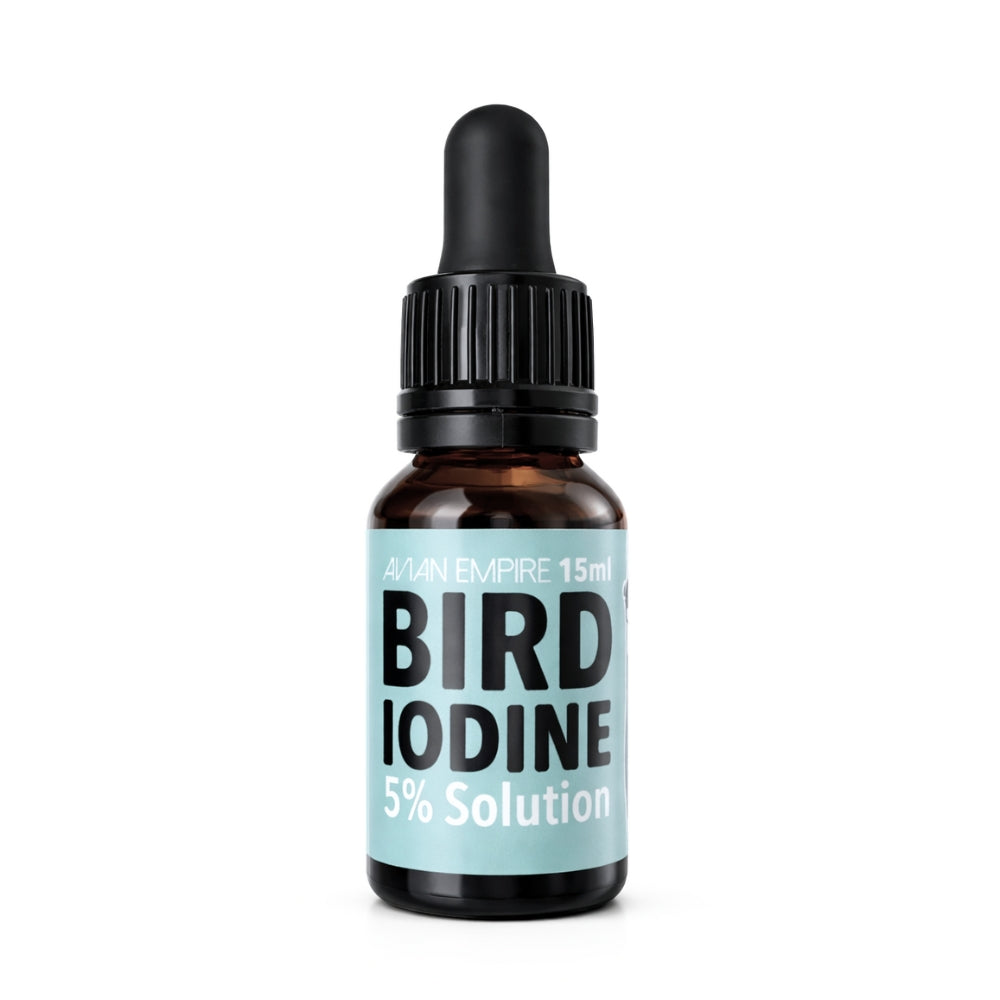 Bird iodine liquid supplement 15ml by Avian Empire with dropper on a white background