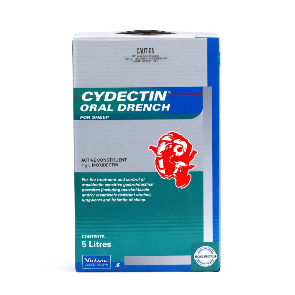Cydectin oral drench containing moxidectin for veterinary parasite management programmes comes in blue and grey box