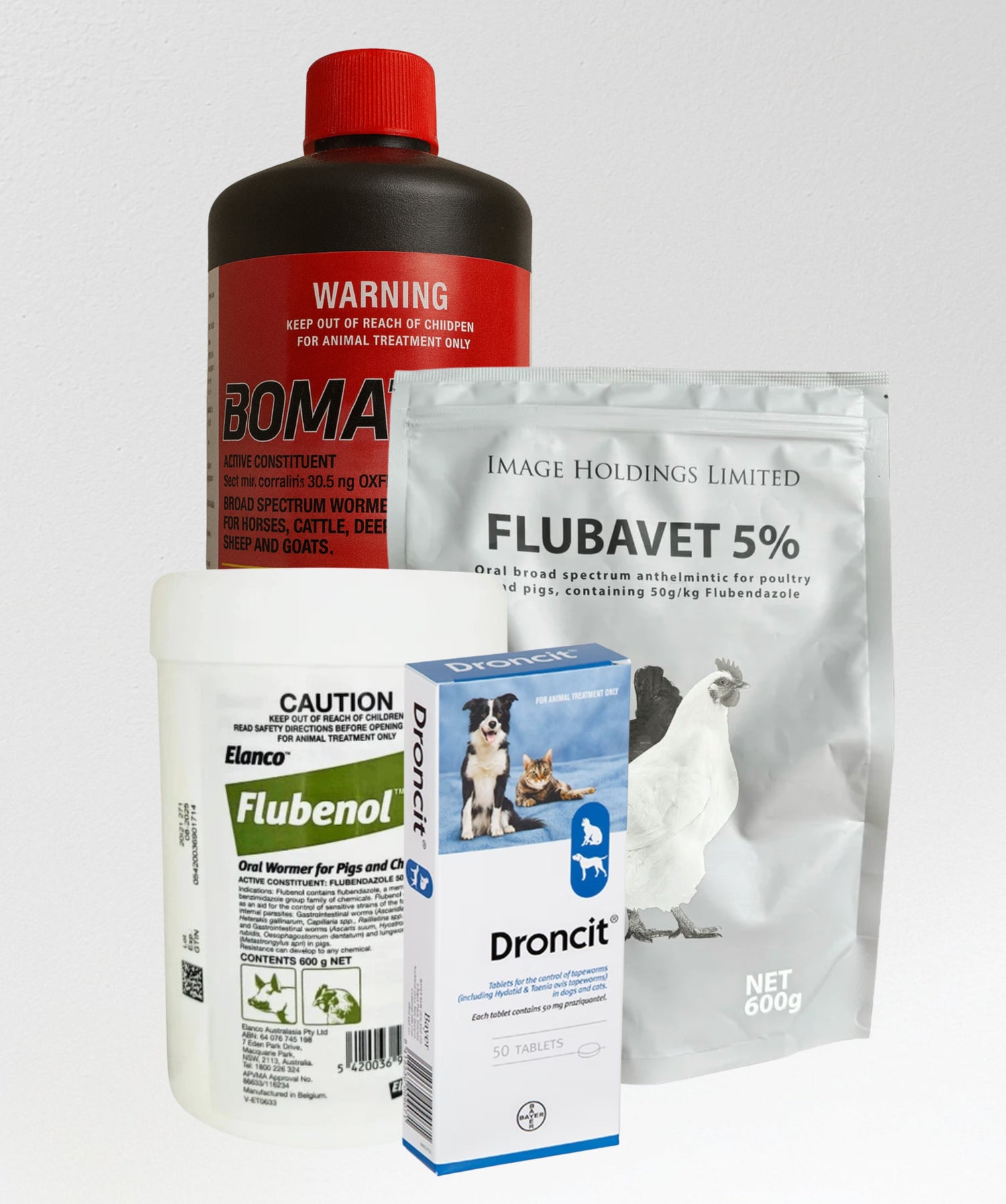 a collection of tapeworm products