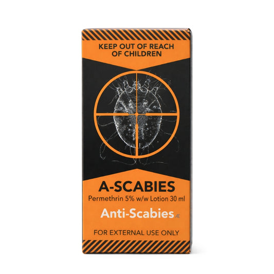 A-Scabies 5 percent permethrin lotion 30ml in a orange and black box