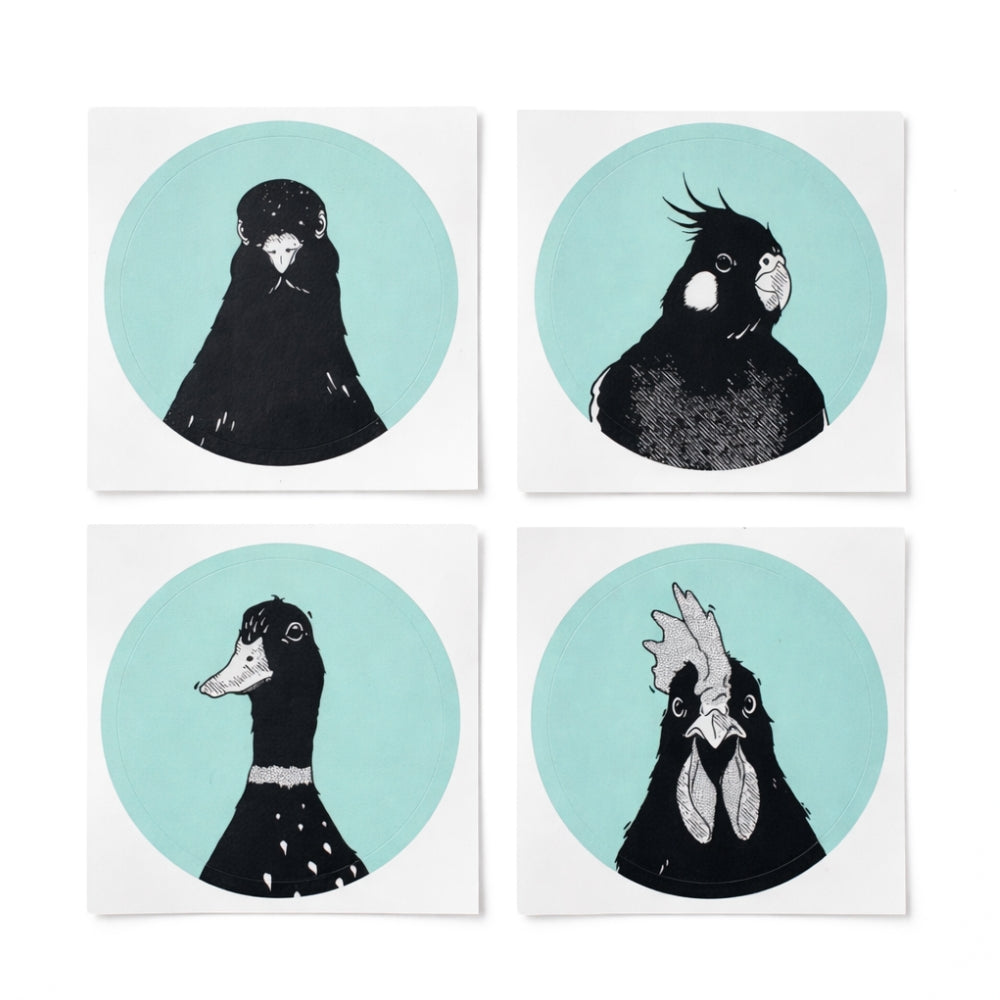 Avian Empire bird sticker pack featuring rooster duck cockatiel and pigeon vinyl stickers