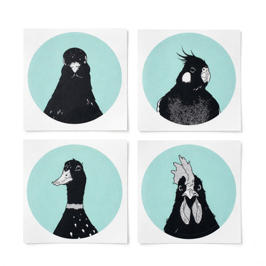 Avian Empire bird sticker pack featuring rooster duck cockatiel and pigeon vinyl stickers