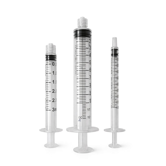 Three medical syringes of different sizes on a white background