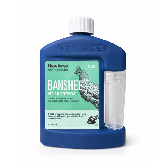 Banshee Red Mite Solution 240ml bottle for poultry red mite management in chickens and aviary birds in a blue bottle with a chicken on the front