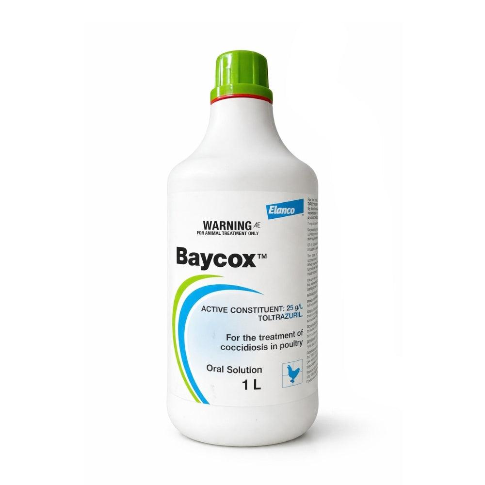Baycox 2.5 percent toltrazuril coccidiosis treatment for poultry in a large white bottle with a green lid