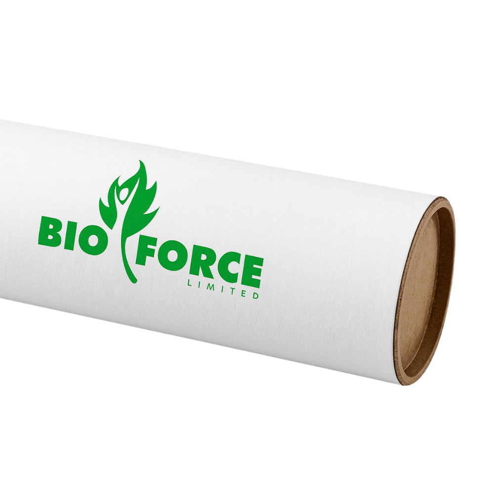 A white cylindrical product tube with a green 'BIO FORCE LIMITED' logo printed on the side, showing the brown cardboard inner core, set against a plain white background.