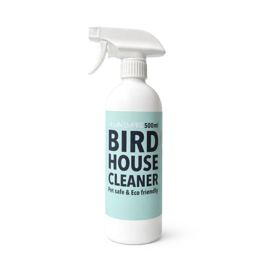 Bird house cleaner bottle with a white label on a white background. Bird Cage & Aviary Cleaner spray bottle for parrots, poultry, pigeons, ducks, and aviary birds