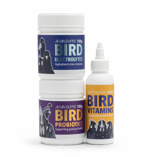 Avian Empire bird supplement bundle including bird probiotics, bird electrolytes and bird vitamins for parrots, poultry and pet birds