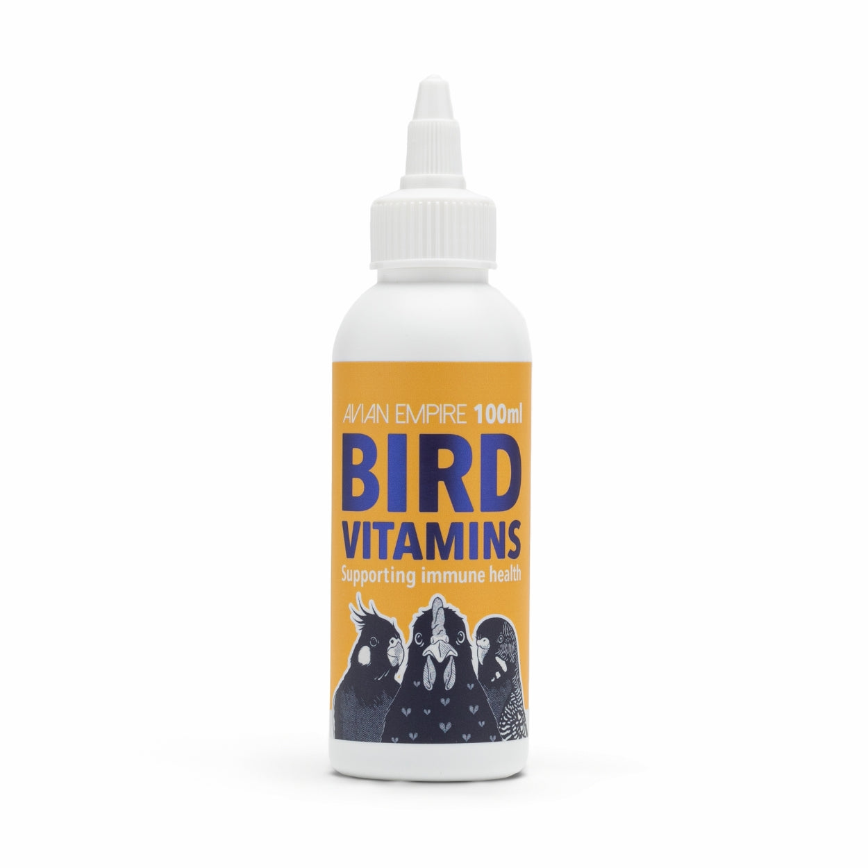 Bottle of bird vitamins on a white background