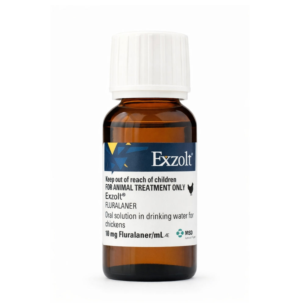 Bottle of Exzolt poultry red mite treatment for chickens and backyard poultry flocks