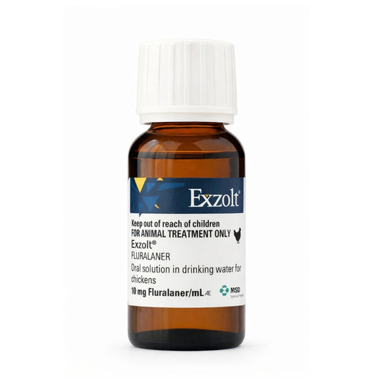 Bottle of Exzolt poultry red mite treatment for chickens and backyard poultry flocks