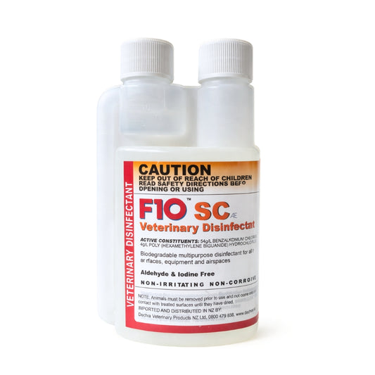 Bottle of F10 SC Veterinary Disinfectant with a white background