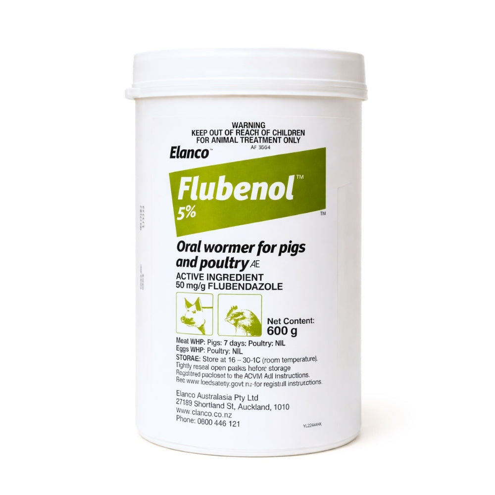Flubenol 5 percent flubendazole poultry wormer with zero egg withhold for chickens and birds in a white container