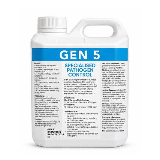 A white plastic bottle of Gen 5 Specialised Pathogen Control powder with a white cap, featuring a blue and white label with text details.