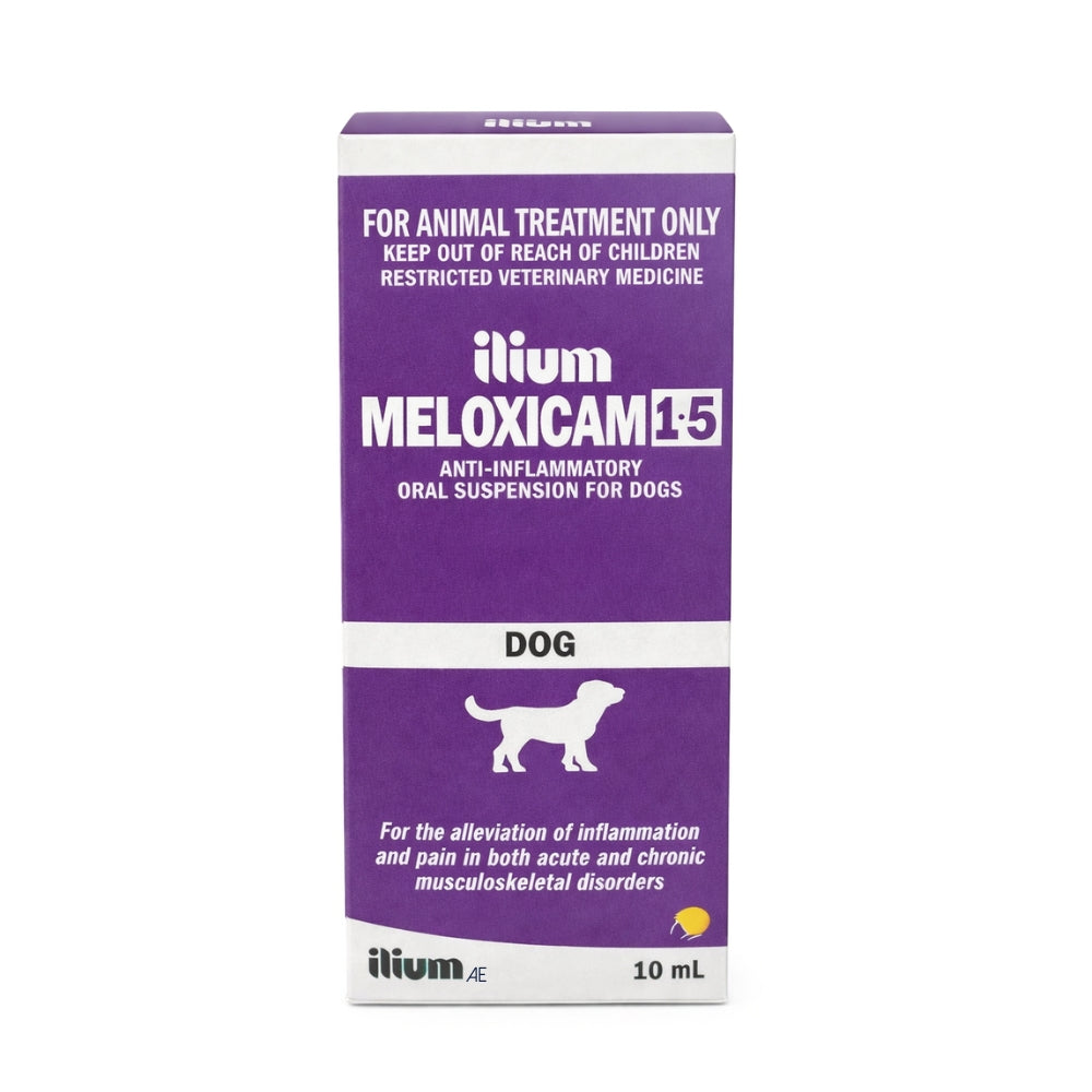 Purple box of ilium Meloxicam 15 for animal treatment, specifically for dogs.