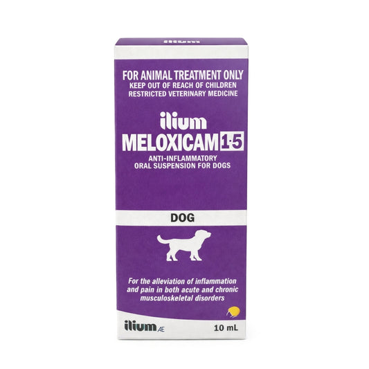 Purple box of ilium Meloxicam 15 for animal treatment, specifically for dogs.