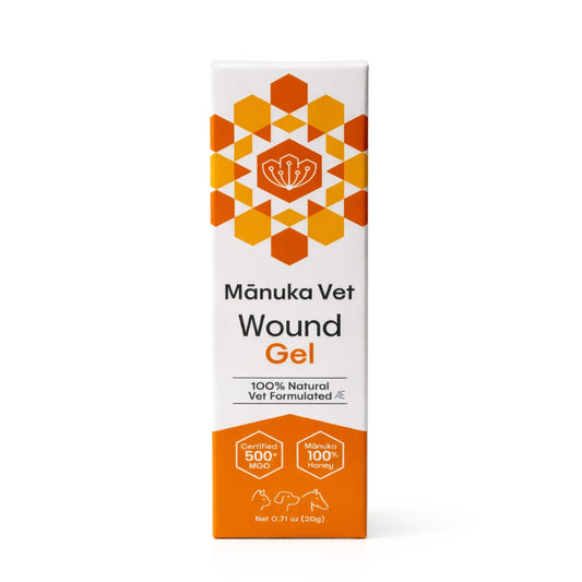 Manuka Vet Wound Gel packaging with geometric design on a white background