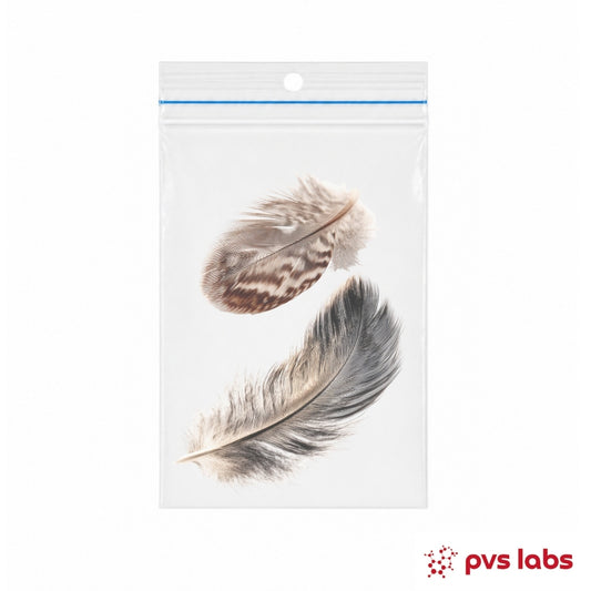 Marek’s disease PCR feather test for poultry, two feathers in a plastic bag