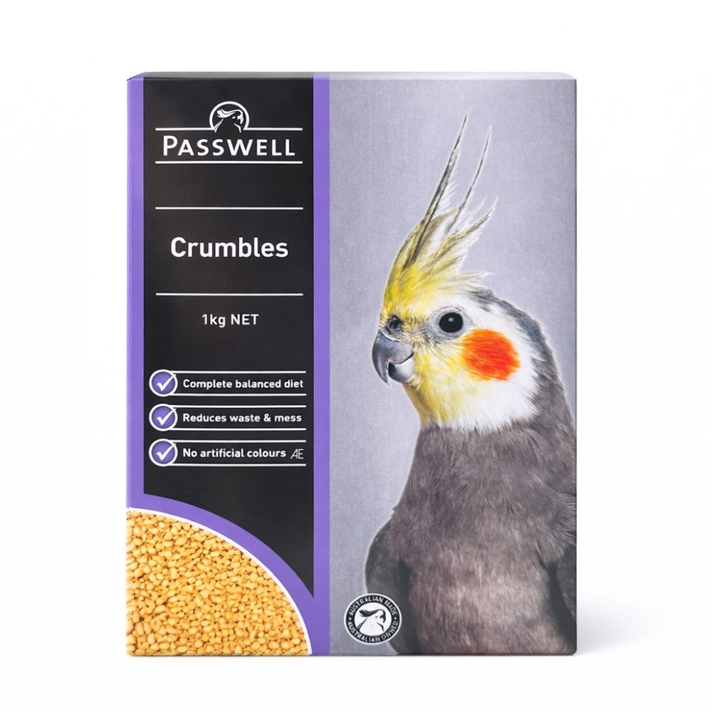 Passwell Crumbles bird food packaging with a cockatiel on a white background 