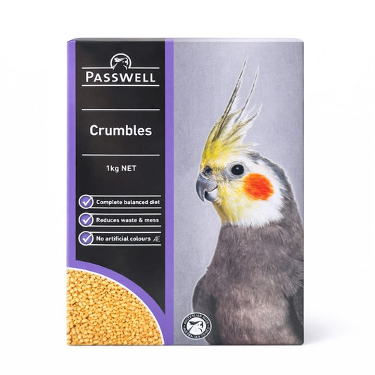 Passwell Crumbles bird food packaging with a cockatiel on a white background 