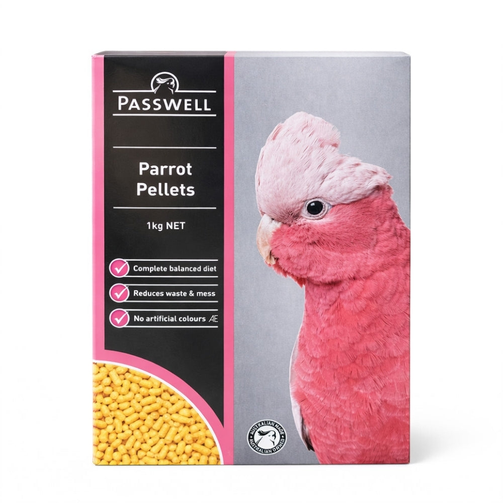 Passwell Parrot Pellets packaging with a pink parrot on a white background