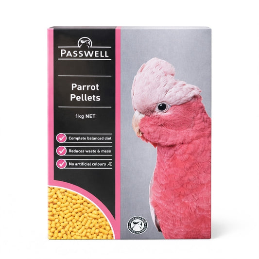 Passwell Parrot Pellets packaging with a pink parrot on a white background