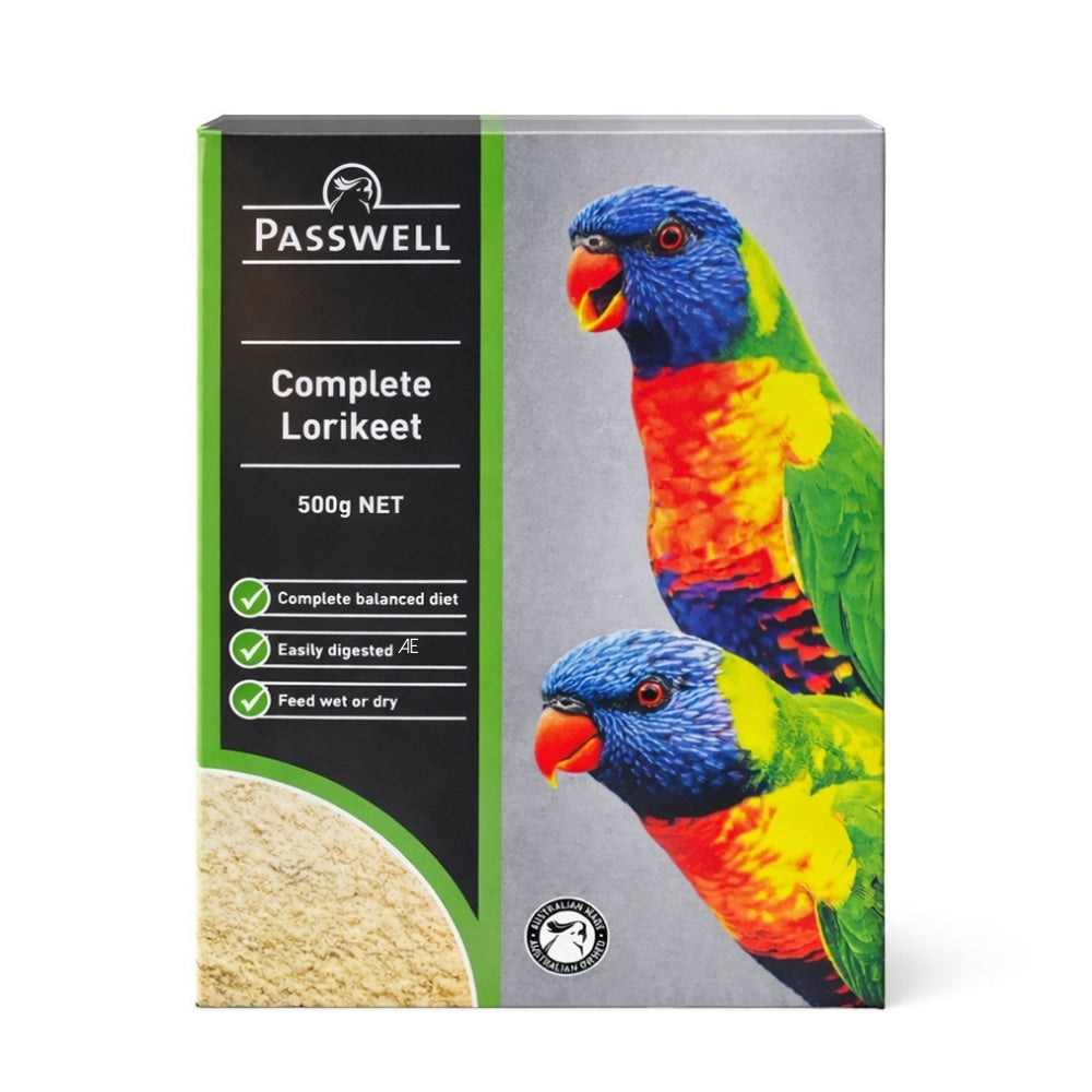 Passwell Complete Lorikeet food packaging with images of lorikeets on a white background