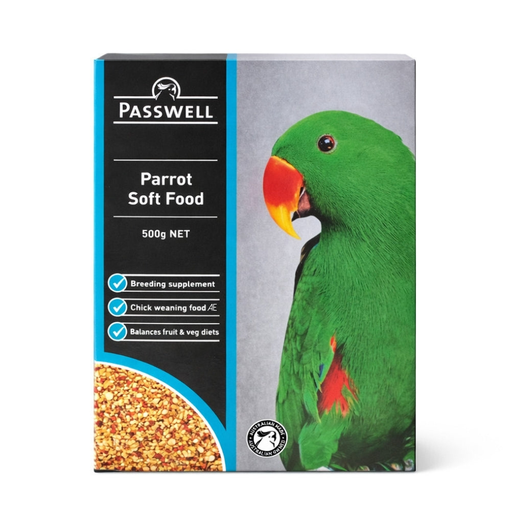 Passwell Parrot Soft Food packaging with a green parrot on a white background