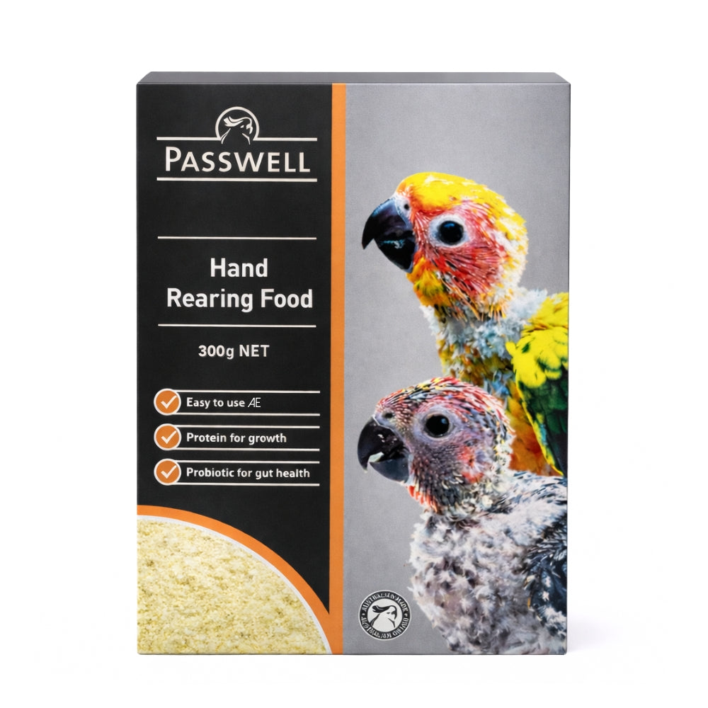 Passwell Hand Rearing Food package for birds with images of parrots on a white background