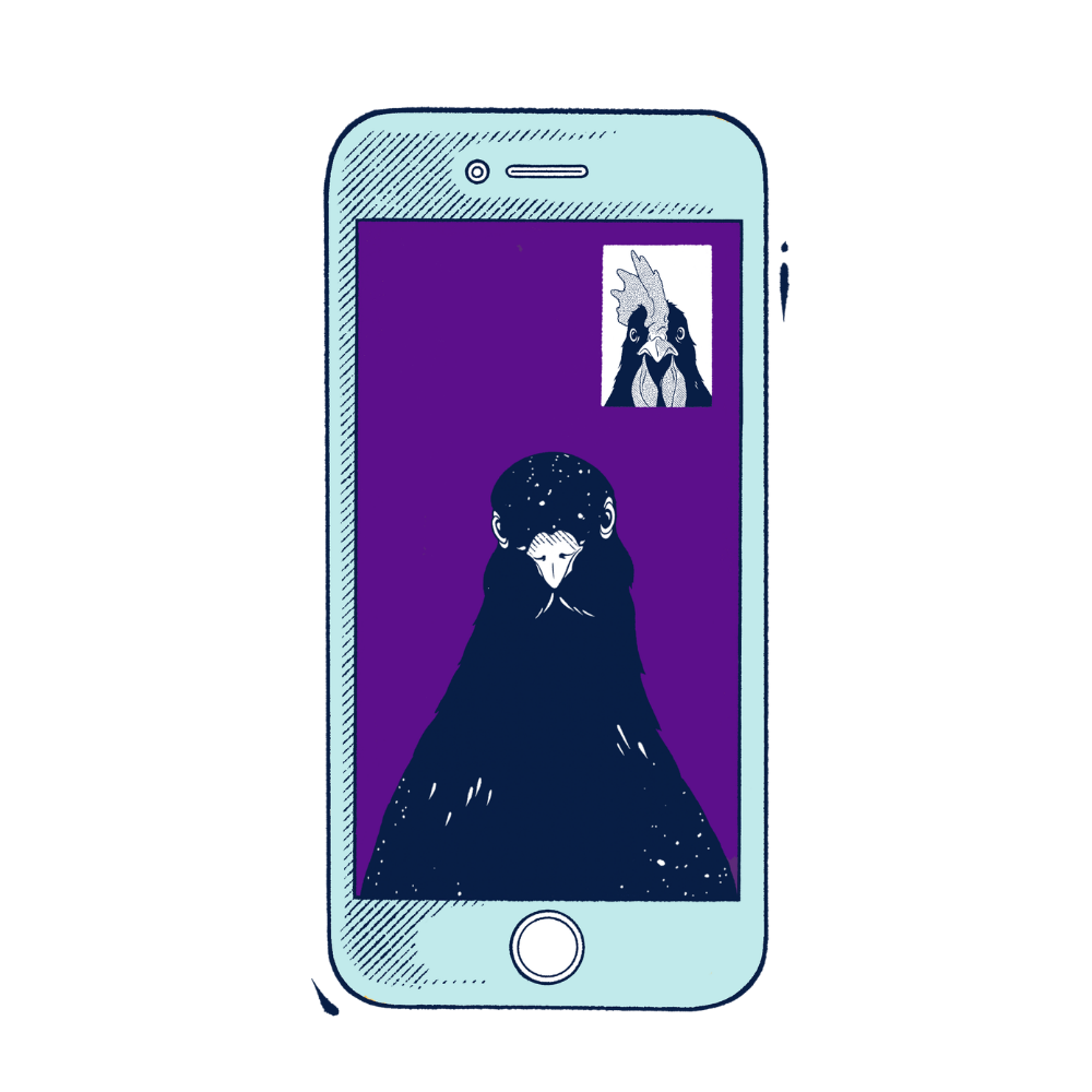 A stylized illustration of a smartphone with a light blue body, shown on a plain white background. The phone screen displays a purple video-call interface with dark blue illustrated figures.