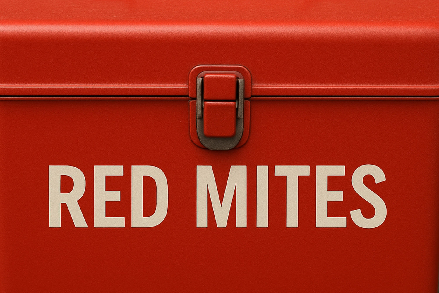 Red container labeled 'RED MITES' with a metal latch.