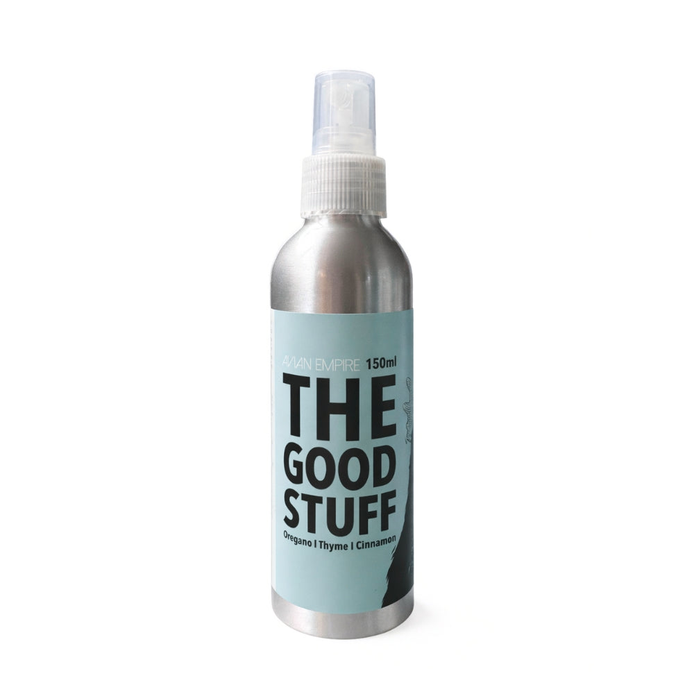 Bottle labeled 'The Good Stuff' on a white background