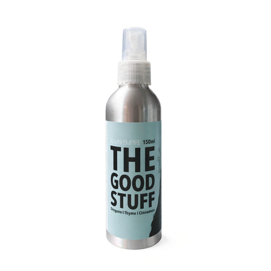 Bottle labeled 'The Good Stuff' on a white background