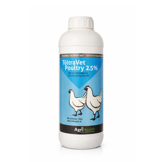 ToltraVet Poultry 2.5% bottle with AgriHealth branding on a white background