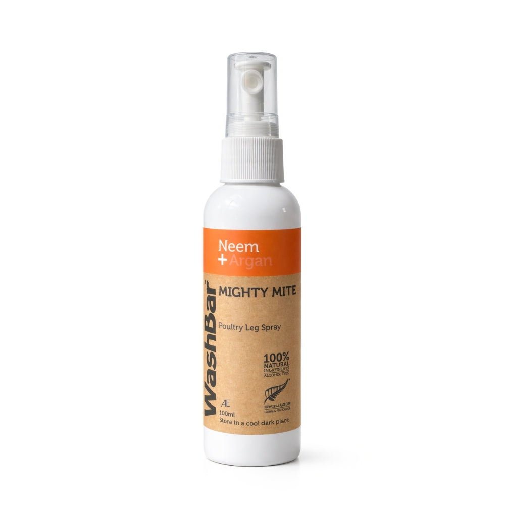 Washbar Mitey Mite scaly leg mite treatment spray for birds and poultry in white bottle with an orange label on white background