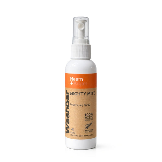 Washbar Mitey Mite scaly leg mite treatment spray for birds and poultry in white bottle with an orange label on white background
