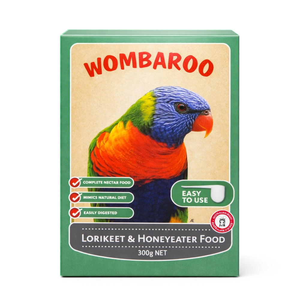 Wombaroo lorikeet and honeyeater food packaging with a colorful parrot illustration on a beige background.