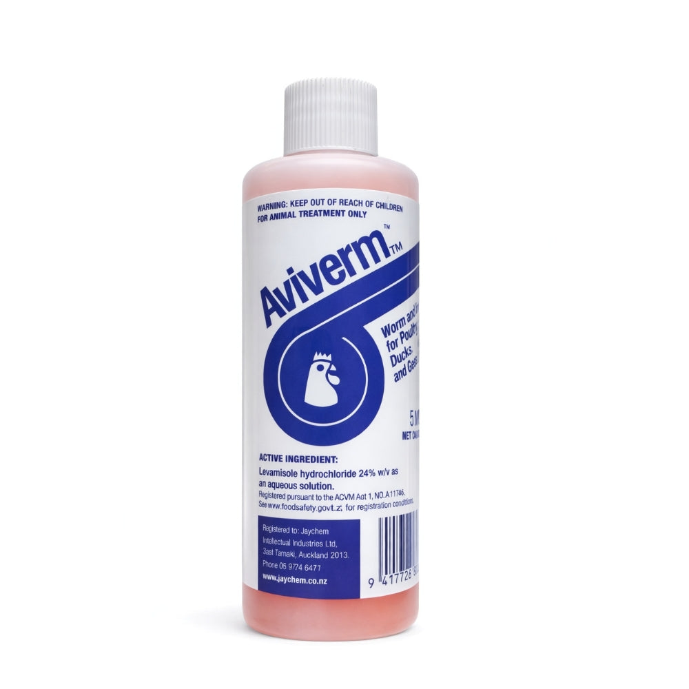 Aviverm poultry and bird wormer for chickens pigeons ducks and aviary birds pink liquid in plastic bottle