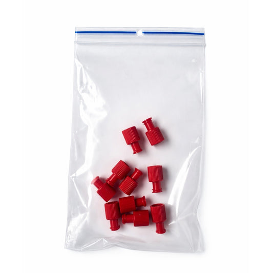 Clear plastic bag with red connectors on a white background
