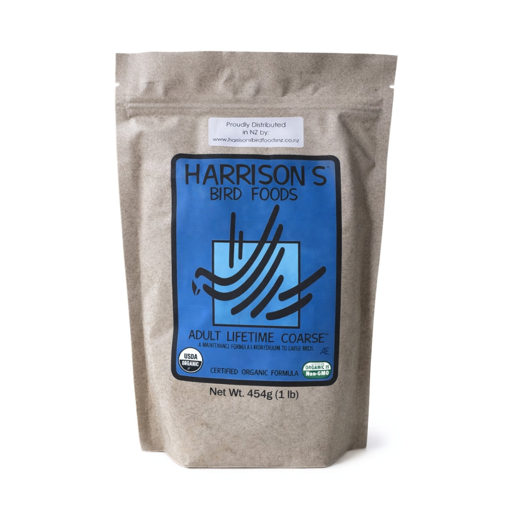 Harrison’s Adult Lifetime Coarse organic bird pellets for medium and large parrots in a blue bag
