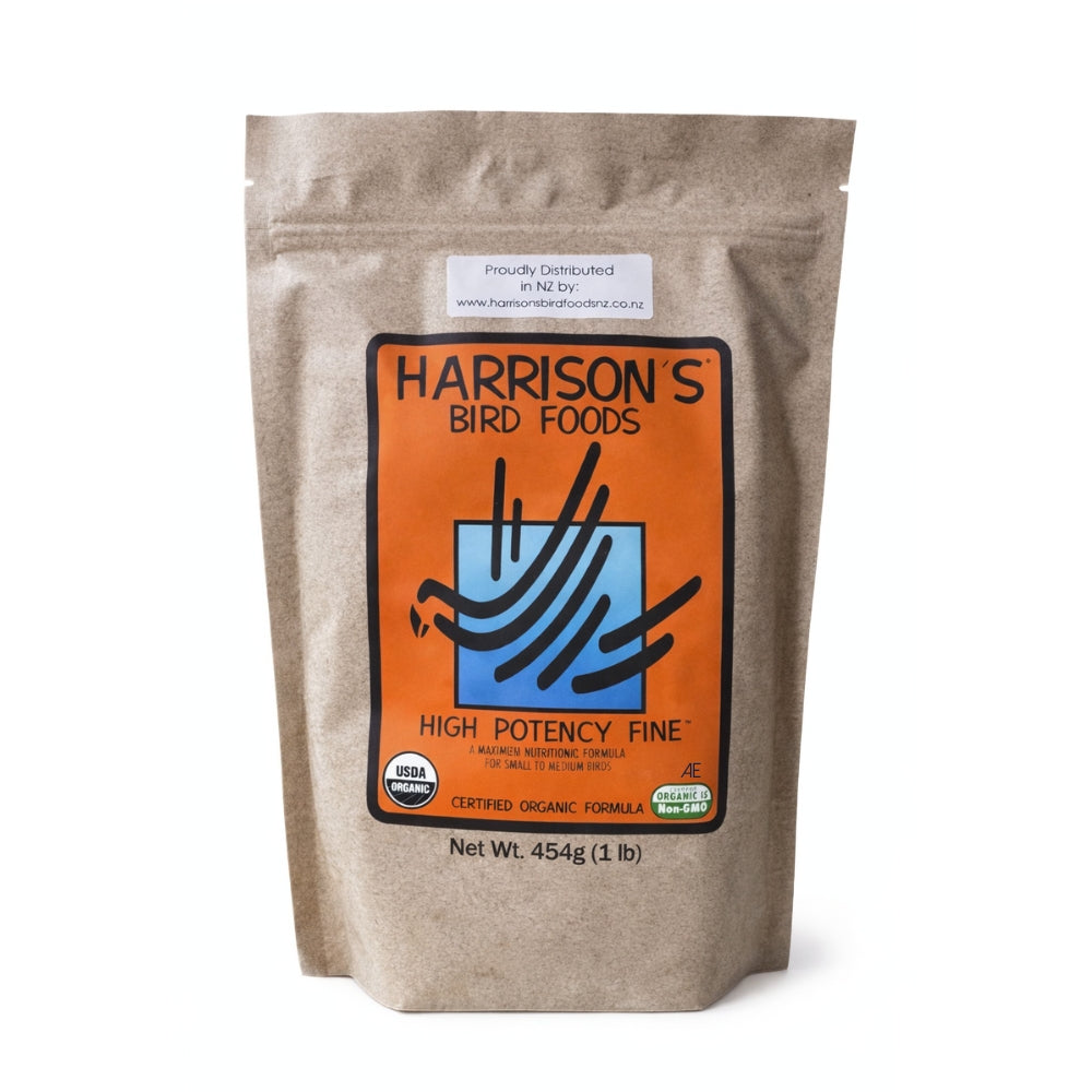 Harrison’s High Potency Fine organic bird pellets in an orange bag for cockatiels and small parrots