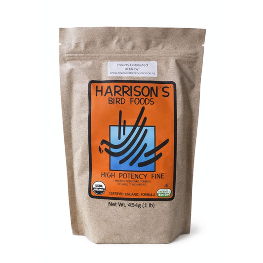 Harrison’s High Potency Fine organic bird pellets in an orange bag for cockatiels and small parrots